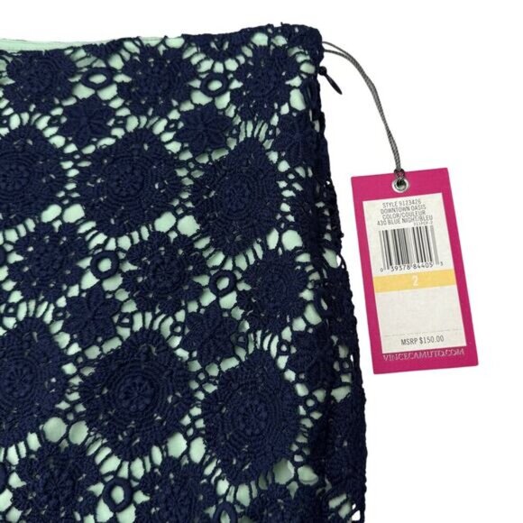 NWT VINCE CAMUTO Downtown Oasis Crochet Lace Pencil Skirt Sz 2 Blue - Picture 4 of 6